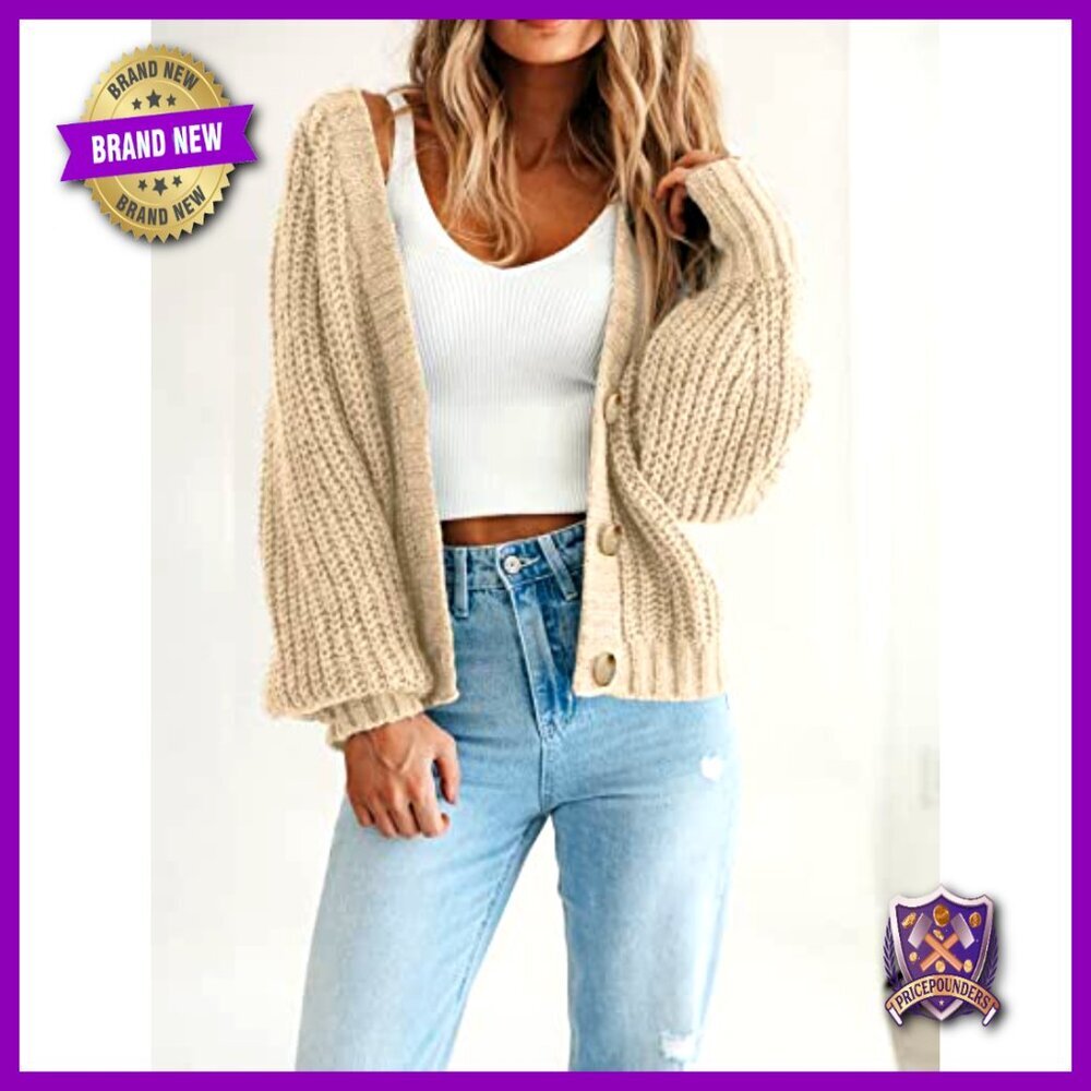 Chunky Knit Open Front Cardigan, Oversized Fit, Button Detail, Long Sleeve - Picture 4 of 7
